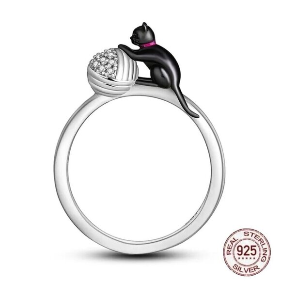 NWT Black Cat With Yarn Ring S925 Sterling Silver Stamped Sz.7 - Picture 6 of 10